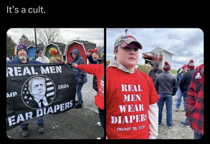 Personer håller en flagga och en person bär en tröja med texten "REAL MEN WEAR DIAPERS TRUMP 2024" under en samling utomhus.