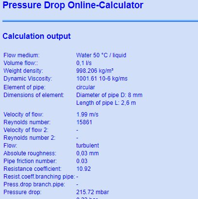Skärmdump av en beräkningsutgång från en online-kalkylator för tryckfall, med parametrar som vattenflöde, rördimension, flödeshastighet och tryckfall.