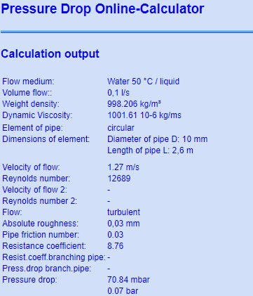 Skärmdump av resultat från onlineberäkning av tryckfall för rör med specifikationer för flödesmedium, volymflöde, vikt, viskositet, rördiameter, rörlängd och turbulent flöde.