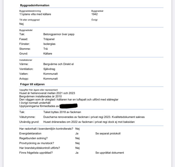 Besiktningsprotokoll för 1½-plans villa med källare byggd 1942, med information om byggnadsdelar, installationer och frågor till säljaren samt renoveringshistorik.