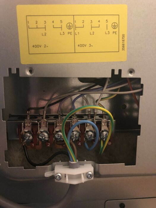 Närbild på bakpanelen av en spis med ett kopplingsschema för 400V, kablar kopplade till terminaler, samt en gul märkning för elektriska anslutningar.