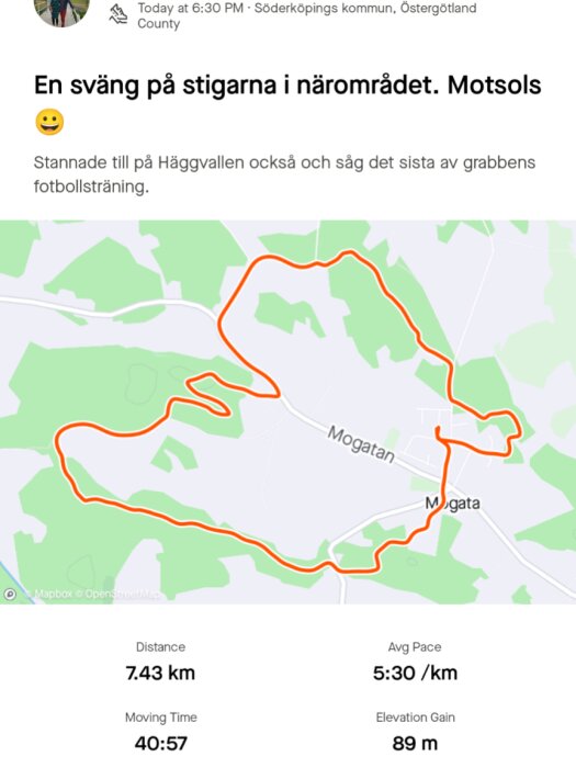 En kartvy visar en rutt i området kring Mogata, Söderköping, som är 7,43 km lång med en medelhastighet på 5:30 per km och en stigning på 89 meter.