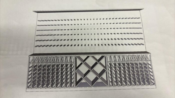 Design av vinkällare med horisontella hyllor och geometriska mönster för lagring av vinflaskor. Rendering eller AI-genererad bild.
