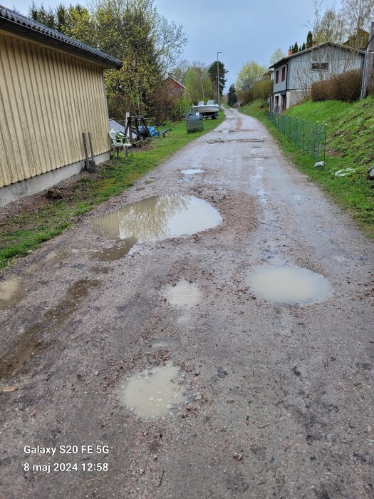 Grusväg med vattenpölar mellan några hus på landsbygden, med grön växtlighet och träd längs sidorna.