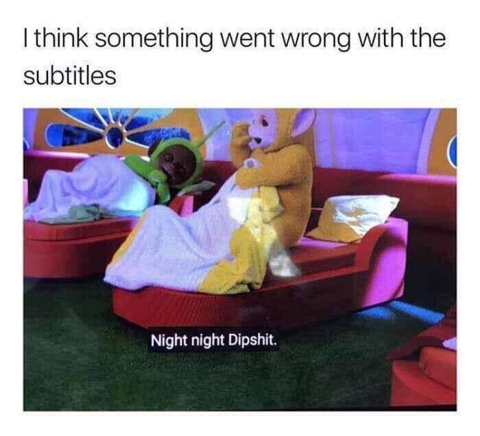 Två teletubbies ligger i sängar under täcken och texten "Night night Dipshit" syns över dem.