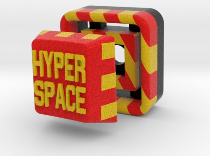 En 3D-modell av en knapp med texten "Hyper Space" i gul text på en röd bakgrund med gula ränder.