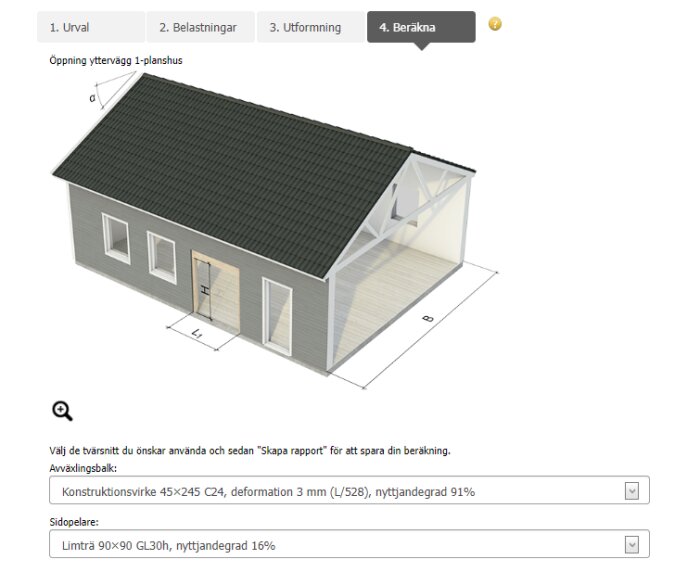 3D-rendering av enplanshus med måttsättningar L och B samt markeringar för avväxlingsbalk och sidopelare.