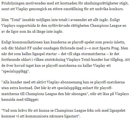 Skärmdump av en artikel som diskuterar prishöjning och förändringar i Viaplays abonnemangsmodeller samt påverkan på tillgången till Champions League.