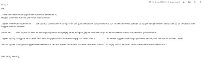 Ett e-postmeddelande som diskuterar byggprojekt, garantier, pensionerande personal och planerade inspektioner och förbättringar av ett hus.