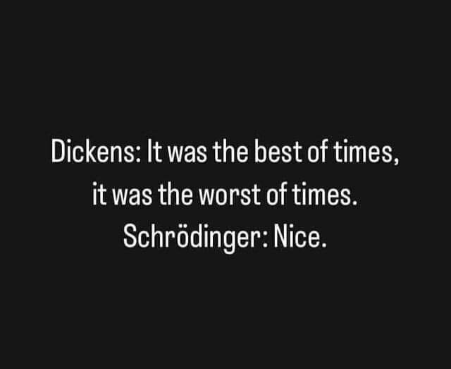 Text på svart bakgrund: "Dickens: It was the best of times, it was the worst of times. Schrödinger: Nice.