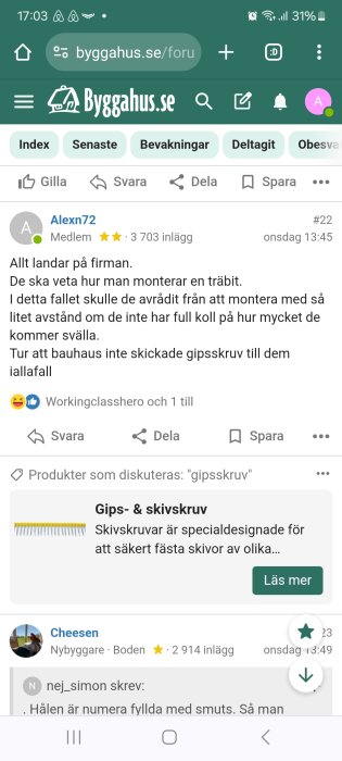 Bild av en diskussionstråd på Byggahus.se där användaren Alexn72 ger råd om att montera en träbit korrekt och nämner Bauhaus och gipsskruv.