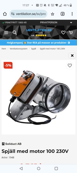 Spjäll med motor 100 230V från Soliduct AB, med en orange Belimo-ställdon, kampanjerbjudande på ventilation.se.