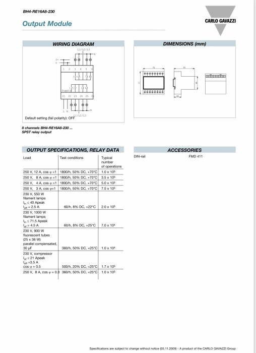 Produktinformationen för en "Carlo Gavazzi BH4-RE16A8-230 Output Module" med kopplingsschema, dimensioner och relädata specifikationer.