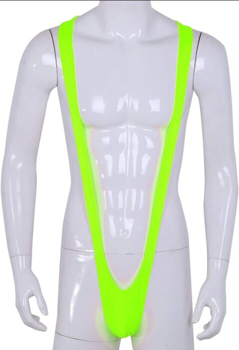 Mannekäng i neonfärgad mankini.