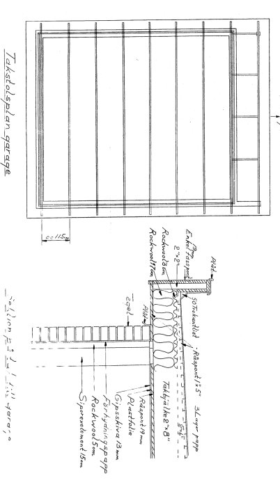 Konstruktionsritning av garagetak från 1982 med detaljerad snittvy över takbalkar, isolering, plåt och olika materiallager.
