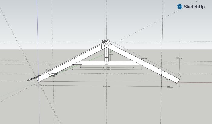 3D-modell av en takstol uppritad i SketchUp med måttangivelser. Formen visar en triangulär konstruktion med specifika dimensioner och vinklar.