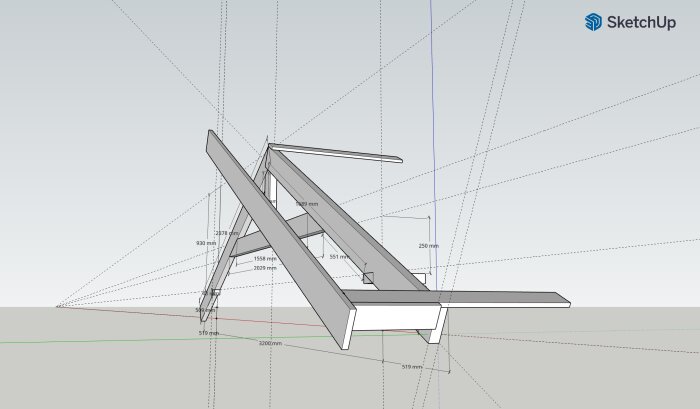 3D-skiss av en takstol med dimensioner och vinklar angivna. Konstruktionen visar ben, hanbjälke och överramar i ett takprojekt. Skapad med SketchUp.