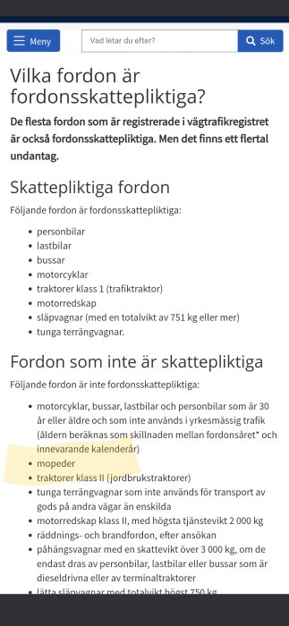 Skärmdump av en webbplats som beskriver olika typer av fordon och deras skattepliktighet, inklusive skattepliktiga och ej skattepliktiga fordon.