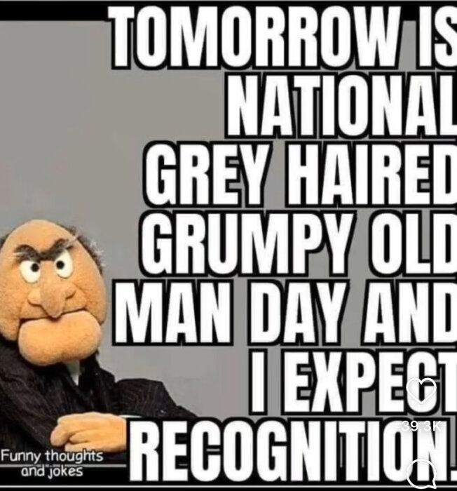 Bild på en bister docka med grova ögonbryn och text som säger "Tomorrow is National Grey Haired Grumpy Old Man Day and I expect recognition".