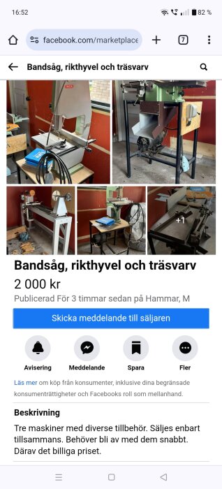 Fem bilder av en bandsåg, rikthyvel och träsvarv med tillbehör till salu för 2000 kr i en verkstadsmiljö. Produkterna visas med närbilder på detaljer.