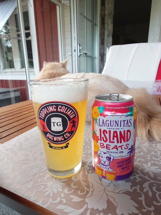 Ett glas öl med etiketten Toppling Goliath Brewing Co. och en burk Lagunitas Island Beats Tropical IPA står på ett bord med en katt i bakgrunden.