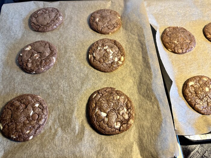 Sex bakade chokladkakor med vita chokladbitar på bakplåtspapper.