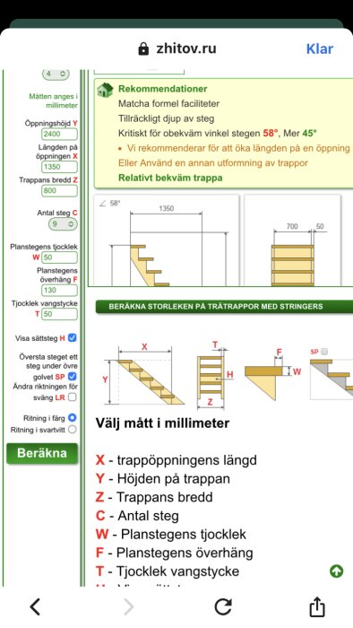 Illustration av en trappa med 58 graders lutning och dess dimensioner. Tabellen visar olika mått som längd, höjd, bredd, antal steg, och andra specifikationer på svenska.