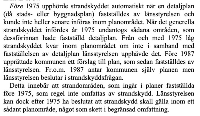 Text från Naturvårdsverkets PDF som beskriver hur strandskyddet fastställdes innan och efter 1975 och förändringar i reglering från 1987.