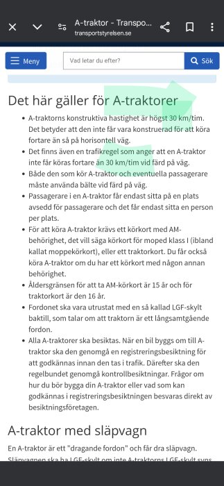 Skärmbild av Transportstyrelsens hemsida som beskriver regler för A-traktorer, inklusive konstruktiv hastighet, förarens krav och besiktningsprocedurer.