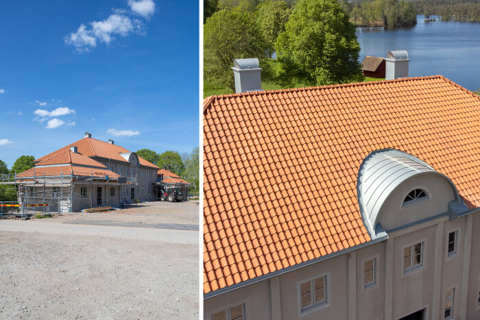 Ett stort hus under konstruktion med beige fasad och orange tegelpannetak. Byggställningar runt huset och en närbild på taket. Blå himmel och grönskande omgivning.