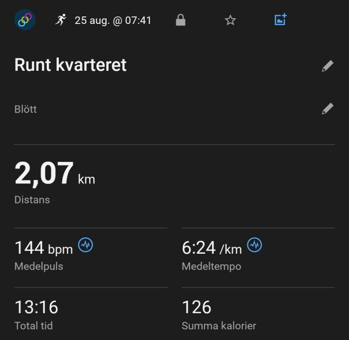 Träningsdata från en promenad runt kvarteret: 2,07 km distans, 144 bpm medelpuls, 6:24/km medeltempo, 13:16 total tid, 126 kalorier, genomförd 25 aug kl 07:41.