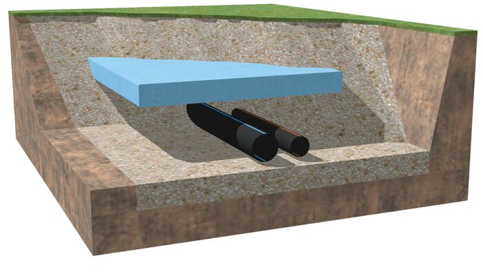 Illustration av ett schakt med rör samt en XPS-skiva ovanför rören för isolering av vatten- och avloppsledningar.