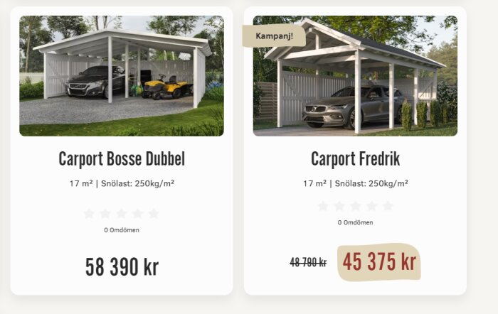 Två carportmodeller, en för två bilar och en för en bil, med priser på 58 390 kr respektive 45 375 kr, anges med kampanjpris på den senare.