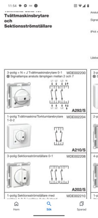 Kopplingsschema för tvättmaskinsbrytare och sektionsströmställare med illustrationer av 3-polig, 1-polig tvättmaskinsbrytare och 3-polig sektionsströmställare.