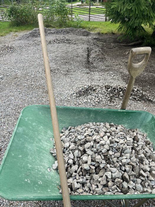 En skottkärra fylld med grus står på en grusplan med en spade lutad mot skottkärran. Grushögar syns i bakgrunden, omgiven av träd och vegetation.