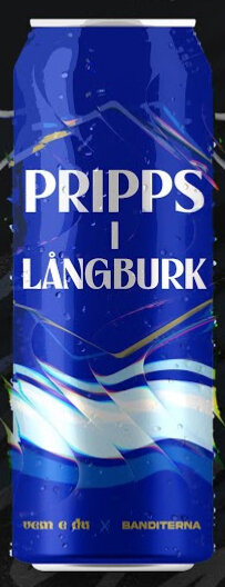 Blå burk med texten "Pripps i långburk", dekorerad med vita och färgade vågformer.