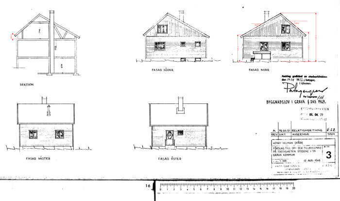 Ritning av hus från olika vyer, inklusive sektion, fasad söder, fasad norr, fasad väster och fasad öster med exakta mått och bygglov information.