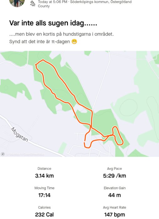 Karta över en 3,14 km löprunda med röd spårning och löpinformation, inklusive tid, medelhastighet, höjdökning, kalorier och genomsnittlig hjärtfrekvens.