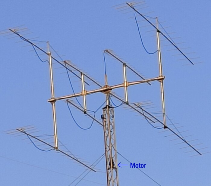 Större utomhusantenn med flera stångantennelement och blå kablar monterad på ett torn med en motor markerad nedanför antennen mot en blå himmel.