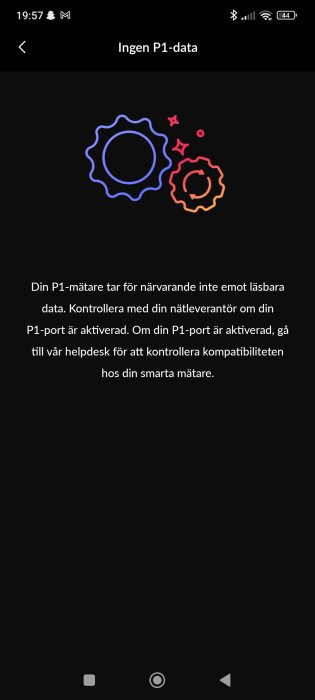 Skärmdump av en app med texten "Ingen P1-data" och instruktioner om att kontrollera nätleverantörens aktivering av P1-porten och kontakta helpdesk vid problem.