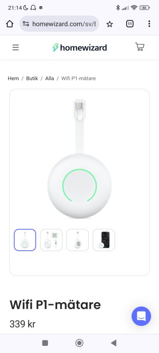 WiFi P1-mätare med en rund form och en USB C-kabel ansluten upptill, visad på produkthemsidan för 339 kr.