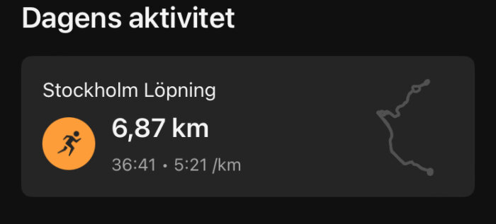 Dagens aktivitet i Stockholm visar 6,87 km löpning på 36:41 minuter och en genomsnittlig hastighet av 5:21 min/km. En ruttkarta visas till höger.