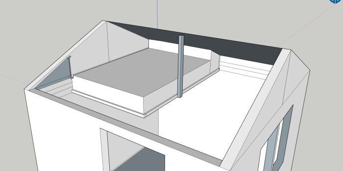 3D-visualisering av ett rum med en planerad loftsäng, där sängen är fäst en bit ut från väggen och stödd av takknocken.