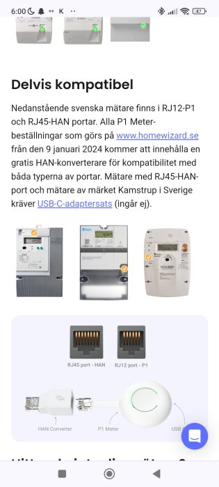 Bild av information om kompatibilitet av HAN-portar och mätare. Den visar olika mätare, RJ45- och RJ12-portar, HAN-konverterare, och en P1 Meter med USB-C anslutning.