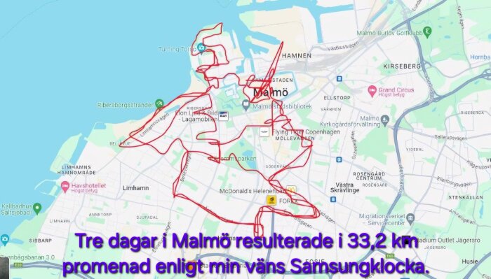 Karta över Malmö med en röd linje som visar en promenadrutt på 33,2 km, text längst ner i bilden med information om promenaden.