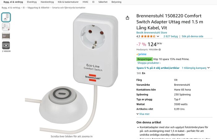 Brennenstuhl 1508220 Comfort Switch Adapter med vit design, 1,5 meter kabel och fotströmbrytare visas på en Amazon-produktsida.