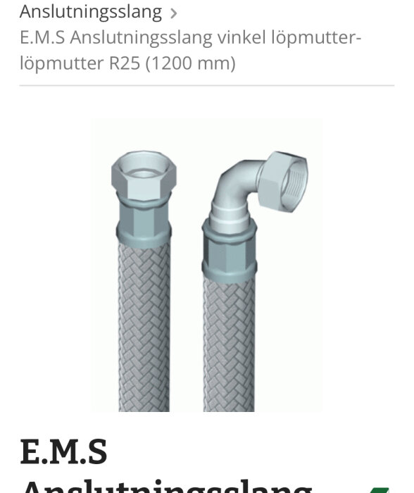 Bild av en E.M.S anslutningsslang med en rak och vinklad koppling, 1200 mm lång, av R25 anslutningstyp. Texten ovanför visar produktnamnet.