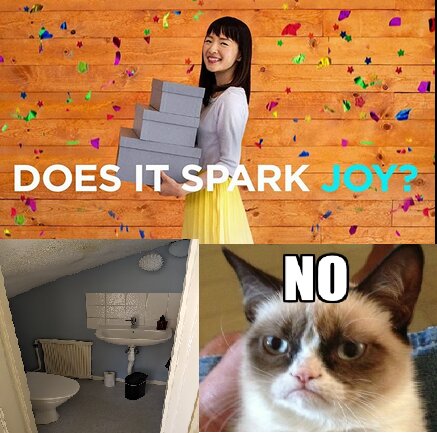 Meme med överst Marie Kondo och texten "Does it spark joy?", därefter en bild på en sliten toalett och längst ner en grumpy cat med texten "NO".