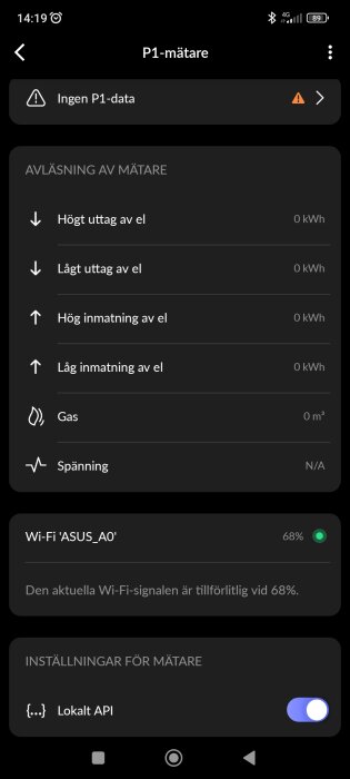 Skärmdump av en app som visar status för en P1-mätare, inklusive eluttag, gas, Wi-Fi-signalstyrka och inställningen för Lokalt API.