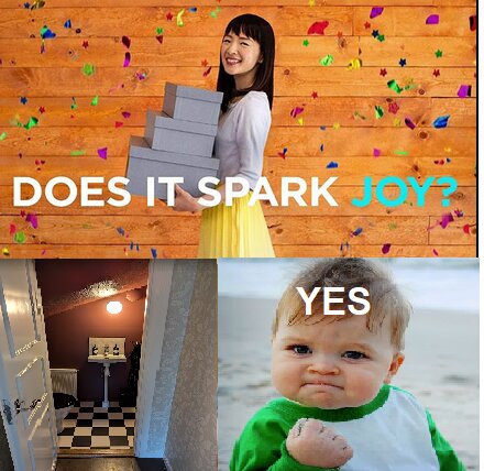 Kollage med tre bilder: Överst Marie Kondo med texten "Does it spark joy?", under t.v. en renoverad toalett, t.h. en bebis med texten "YES".